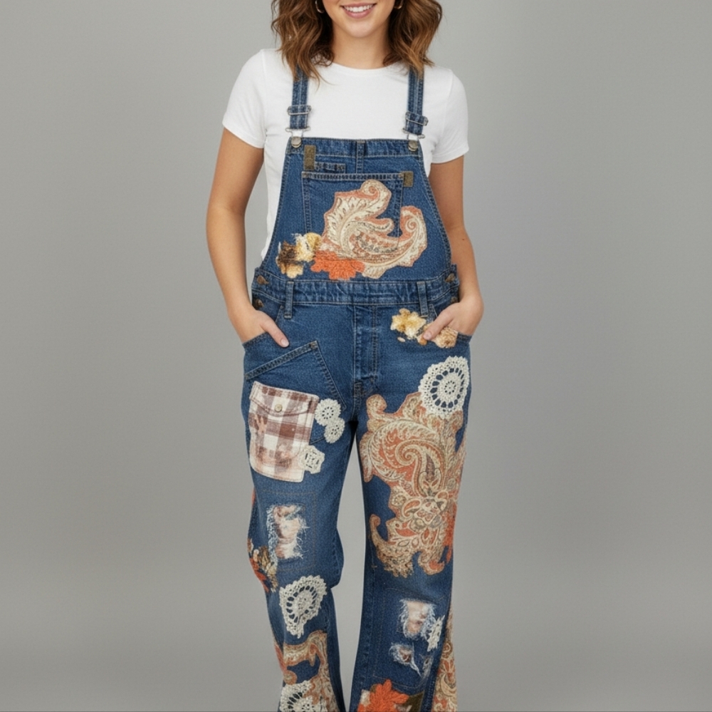 Custom One-of-a-Kind Hand Crafted  upcycled patchwork denim womens overall